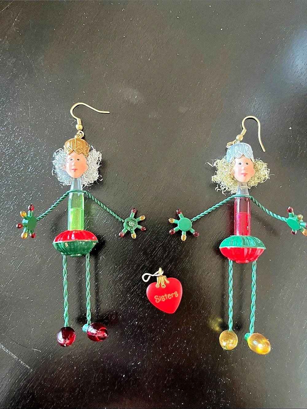 Whimsical Figure Earrings Green & Red Like New
